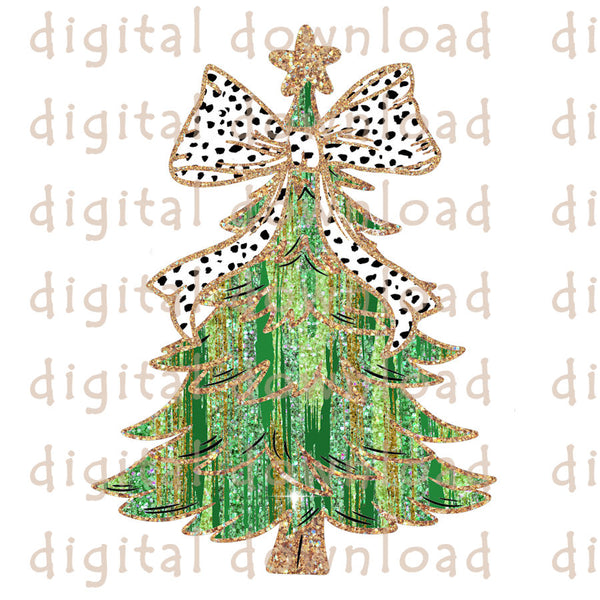 New! Christmas Tree Green Brush Strokes gold glitter trim with Dalmation Bow PNG Digital Download (Copy)