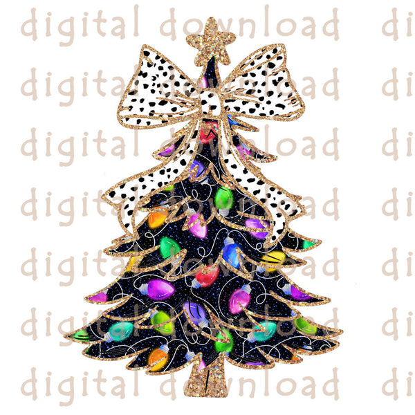 New! Christmas Tree Lights gold glitter trim with Dalmation Bow PNG Digital Download