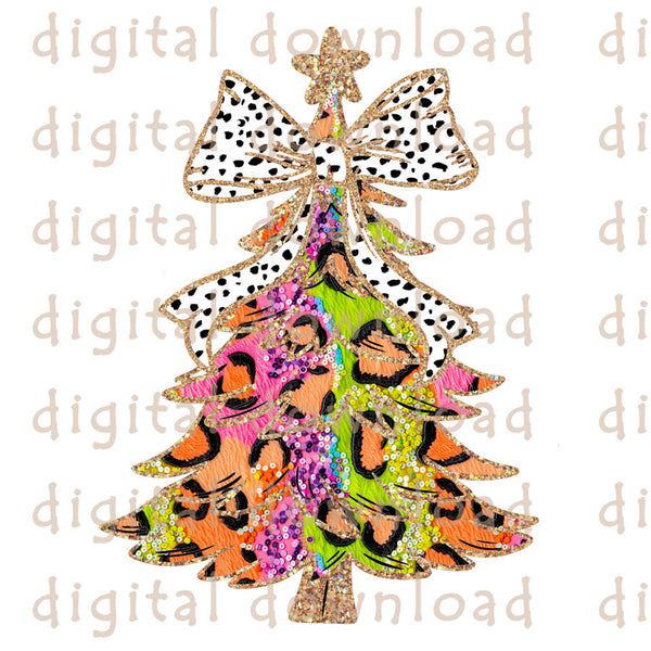 New! Christmas Tree Leopard Sequins gold glitter trim with Dalmation Bow PNG Digital Download