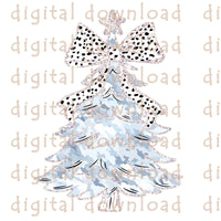 New! Christmas Tree Camo Arctic Blue silver glitter trim with Dalmation Bow PNG Digital Download