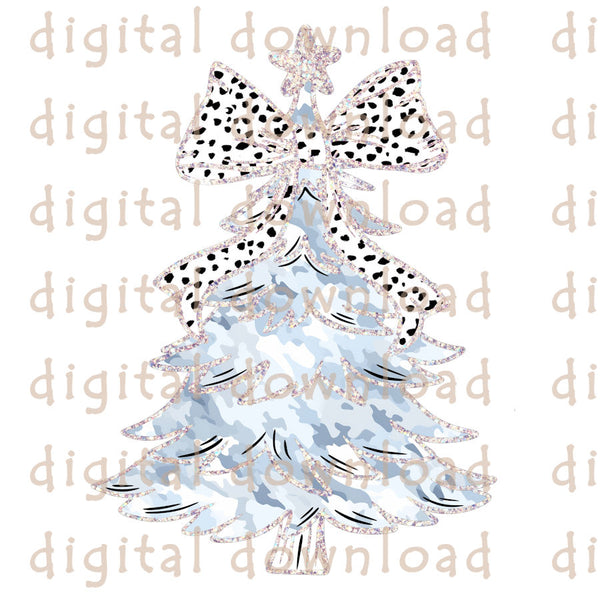 New! Christmas Tree Camo Arctic Blue silver glitter trim with Dalmation Bow PNG Digital Download